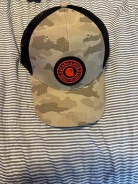 Carhartt Beige Camo Trucker Hat with Orange Logo Patch
